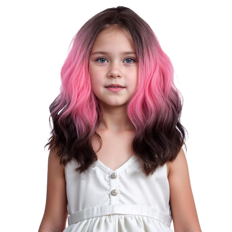 DUDUWIG Girls Pink Ombre Black Wig Short Pink to Black Wavy Curly Wig for Kids Children Side Part Wigs Synthetic Hair Wigs Hairnet Include - Image 3